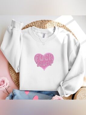 Pink Fu*k Trump Heart Crewneck Sweatshirt Political Graphic White Sweater